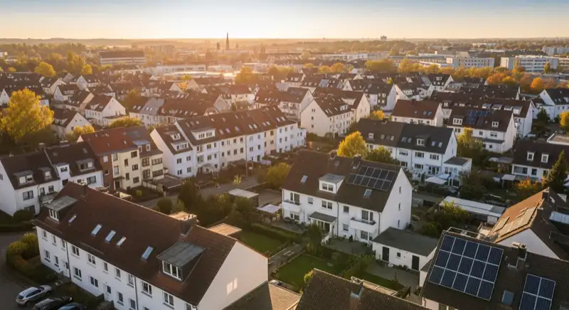 Aerial drone view of typical German residential neighborhood with mixed roof types, red and dark roof tiles, gardens visible, sunny day
