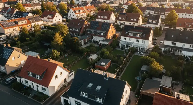 Aerial drone view of typical German residential neighborhood with mixed roof types, red and dark roof tiles, gardens visible, sunny day