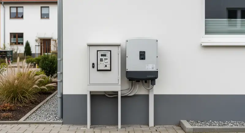 Modern German electrical meter cabinet (Zählerschrank) with smart meter and solar inverter connection, clean technical installation