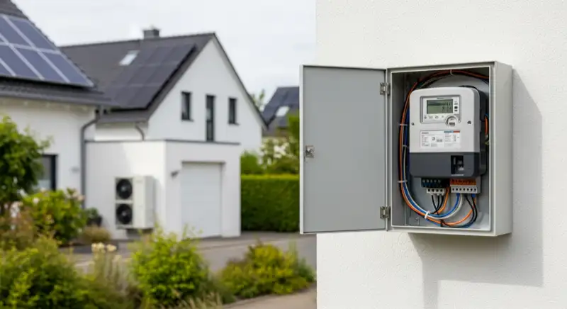 Modern German electrical meter cabinet (Zählerschrank) with smart meter and solar inverter connection, clean technical installation
