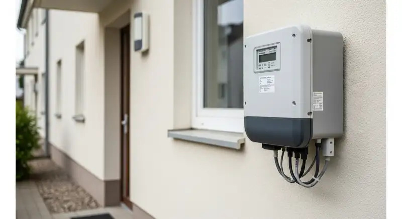 Modern German electrical meter cabinet (Zählerschrank) with smart meter and solar inverter connection, clean technical installation