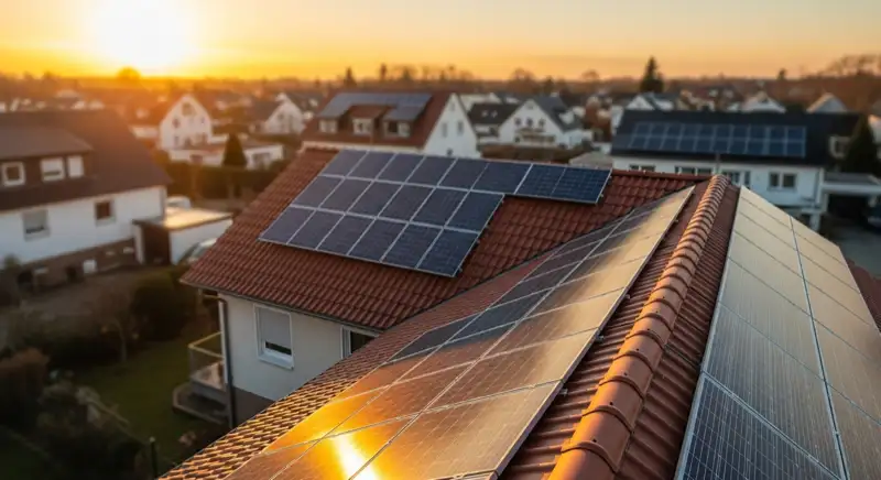 Einfamilienhausdach mit Photovoltaikanlage in einer Rhein-Main-Siedlung bei Neu-Isenburg