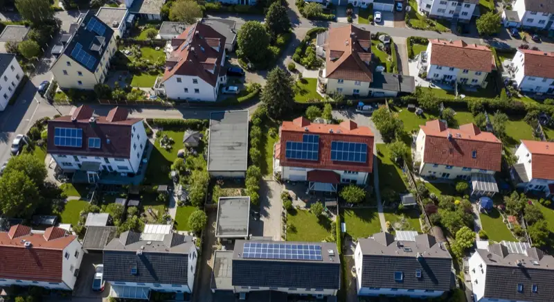 Aerial drone view of typical German residential neighborhood with mixed roof types, red and dark roof tiles, gardens visible, sunny day