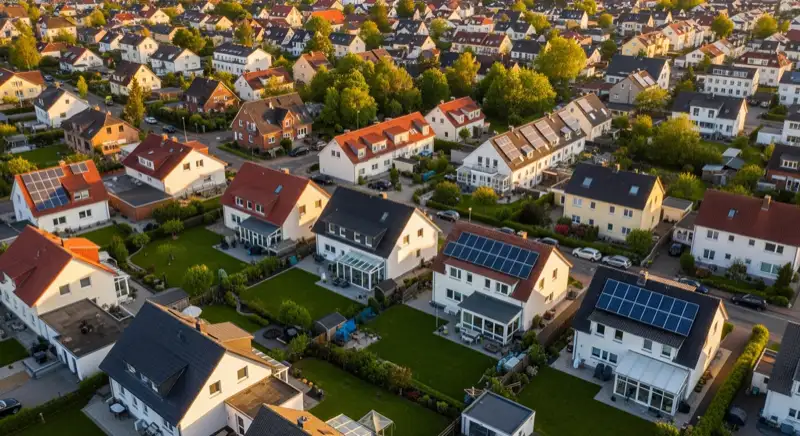 Aerial drone view of typical German residential neighborhood with mixed roof types, red and dark roof tiles, gardens visible, sunny day