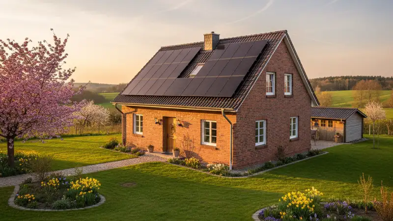Villa mit Photovoltaikanlage auf dem Dach in Neumünster umgeben von grünen Bäumen