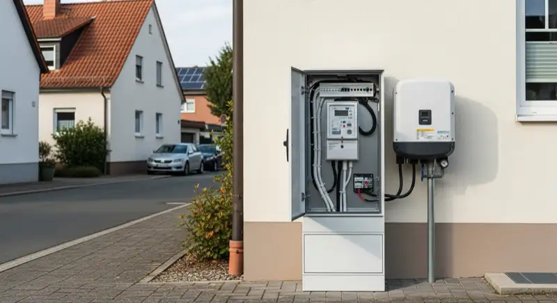 Modern German electrical meter cabinet (Zählerschrank) with smart meter and solar inverter connection, clean technical installation