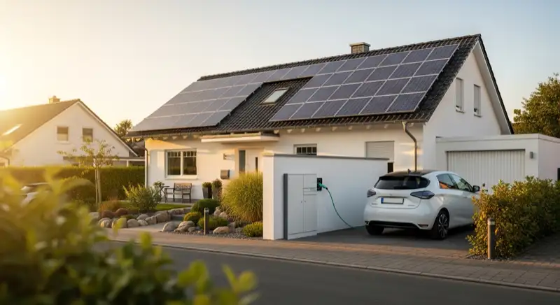 Einfamilienhaus in Neunkirchen mit Solaranlage auf dem Dach und Wallbox in der Einfahrt, weißes E-Auto beim Laden