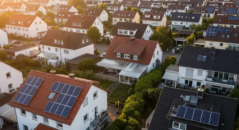 Aerial drone view of typical German residential neighborhood with mixed roof types, red and dark roof tiles, gardens visible, sunny day