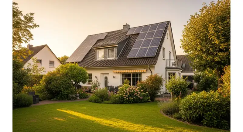German detached house (Einfamilienhaus) with photovoltaic panels on pitched roof, well-maintained garden, warm afternoon sunlight