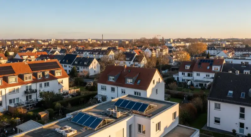 Aerial drone view of typical German residential neighborhood with mixed roof types, red and dark roof tiles, gardens visible, sunny day