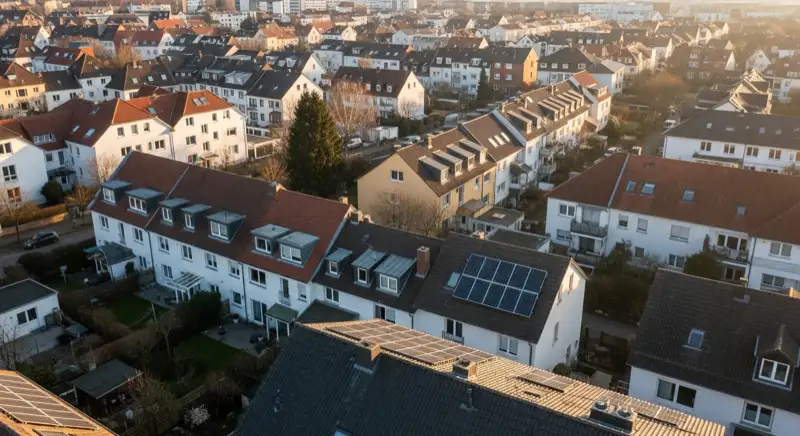 Aerial drone view of typical German residential neighborhood with mixed roof types, red and dark roof tiles, gardens visible, sunny day