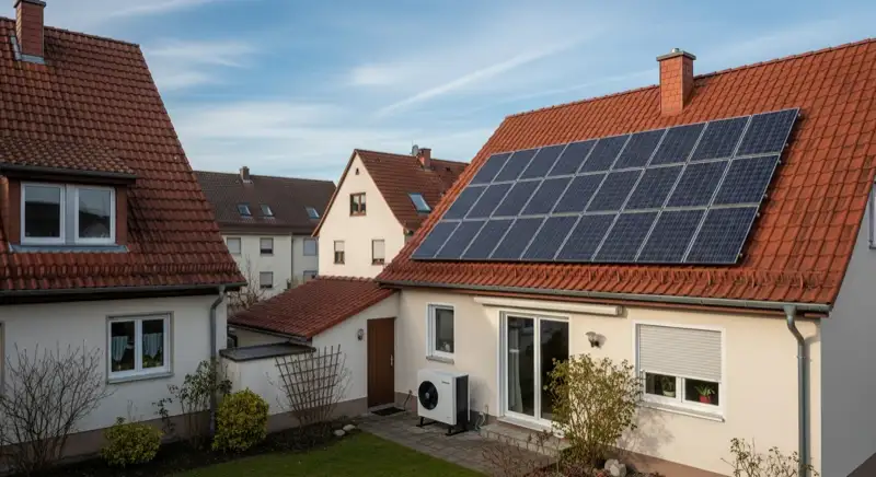 Installateur berät Hausbesitzer auf Nürnberger Hausdach über Photovoltaik-Installation