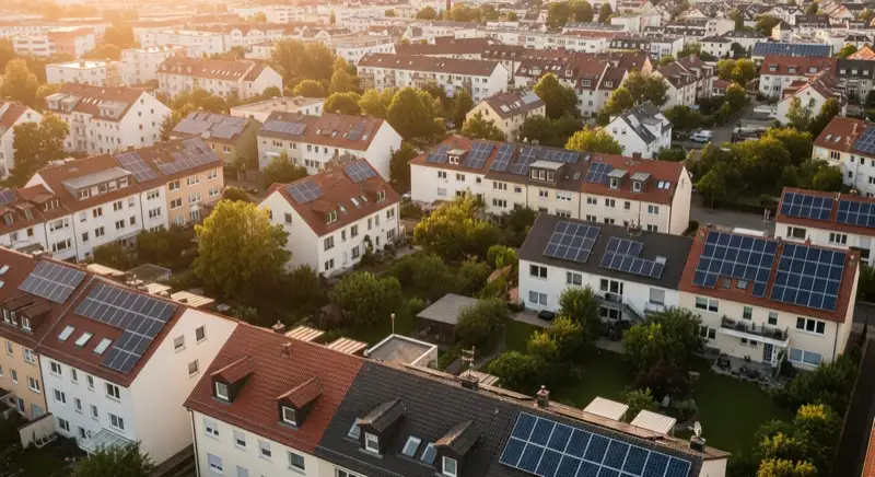 Aerial drone view of typical German residential neighborhood with mixed roof types, red and dark roof tiles, gardens visible, sunny day