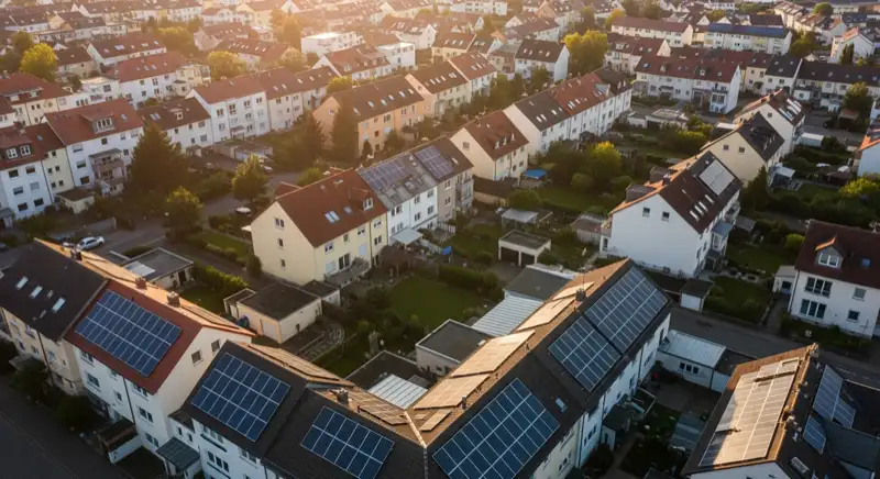 Aerial drone view of typical German residential neighborhood with mixed roof types, red and dark roof tiles, gardens visible, sunny day