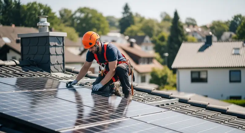 Solarinstallateur bei der Montage auf einem Oberhausener Hausdach