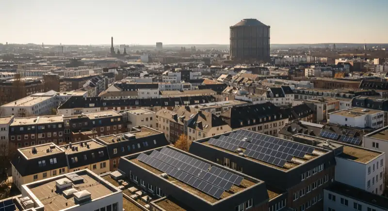 Luftaufnahme von Oberhausen mit Solardächern und Gasometer im Hintergrund