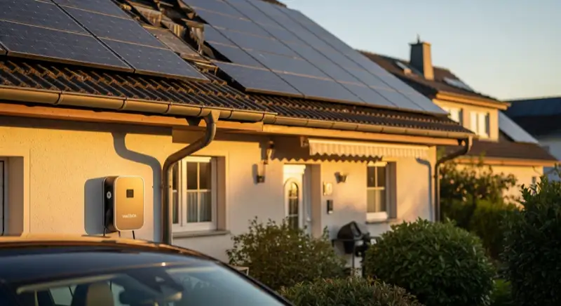 Wallbox an Einfamilienhaus mit Photovoltaikanlage auf dem Dach in Oberursel