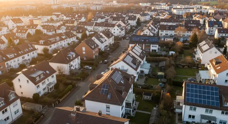 Aerial drone view of typical German residential neighborhood with mixed roof types, red and dark roof tiles, gardens visible, sunny day