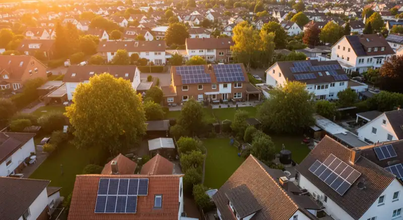 Aerial drone view of typical German residential neighborhood with mixed roof types, red and dark roof tiles, gardens visible, sunny day