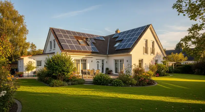 German detached house (Einfamilienhaus) with photovoltaic panels on pitched roof, well-maintained garden, warm afternoon sunlight