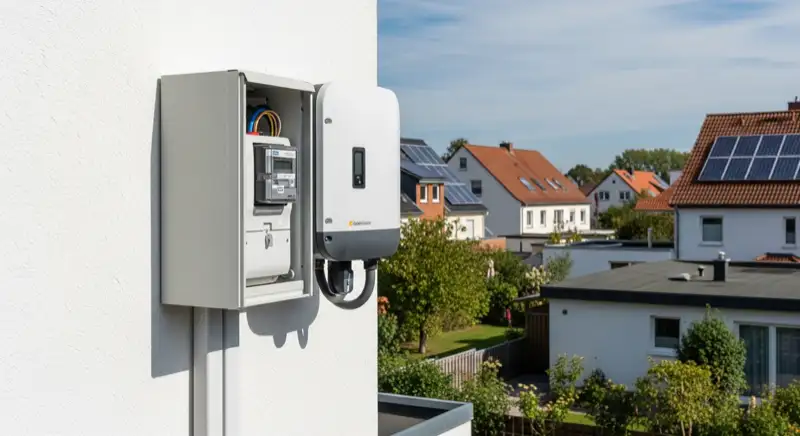 Modern German electrical meter cabinet (Zählerschrank) with smart meter and solar inverter connection, clean technical installation