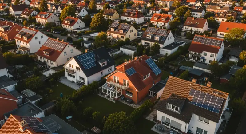 Aerial drone view of typical German residential neighborhood with mixed roof types, red and dark roof tiles, gardens visible, sunny day