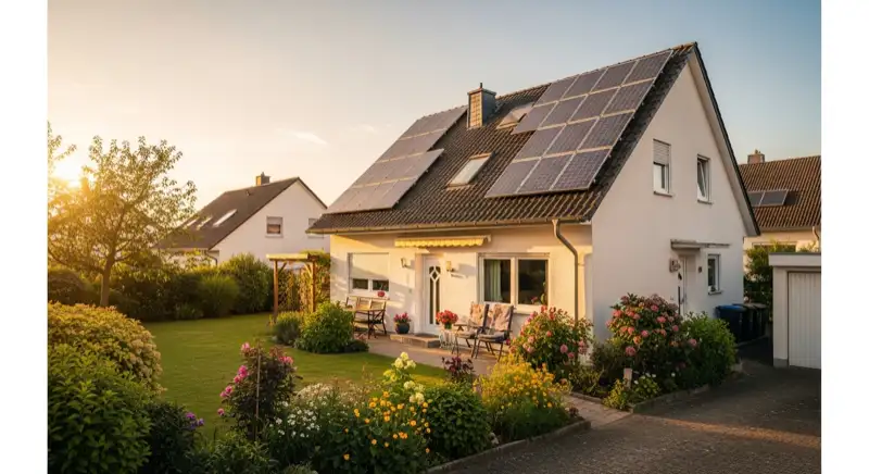 German detached house (Einfamilienhaus) with photovoltaic panels on pitched roof, well-maintained garden, warm afternoon sunlight