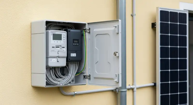 Modern German electrical meter cabinet (Zählerschrank) with smart meter and solar inverter connection, clean technical installation