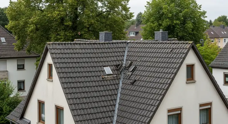 Installateur prüft ein steiles Dach an einem Wohnhaus in Pirmasens