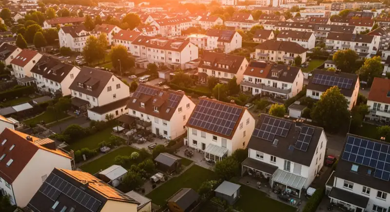 Aerial drone view of typical German residential neighborhood with mixed roof types, red and dark roof tiles, gardens visible, sunny day