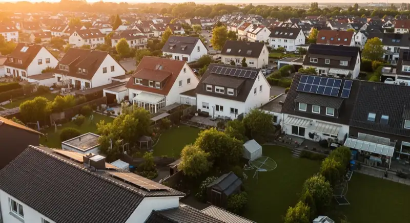 Aerial drone view of typical German residential neighborhood with mixed roof types, red and dark roof tiles, gardens visible, sunny day