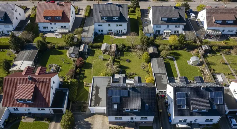 Aerial drone view of typical German residential neighborhood with mixed roof types, red and dark roof tiles, gardens visible, sunny day