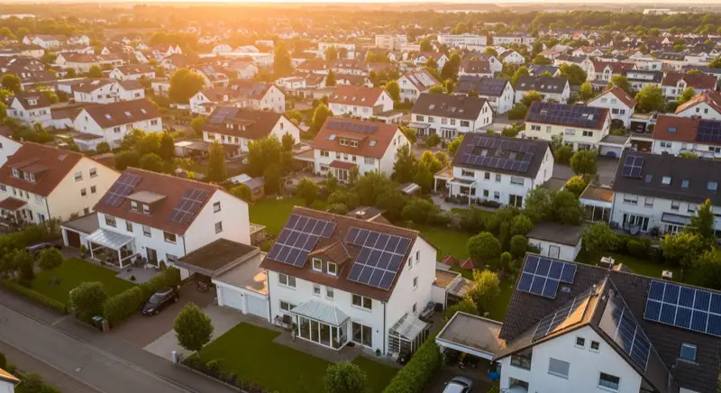 Aerial drone view of typical German residential neighborhood with mixed roof types, red and dark roof tiles, gardens visible, sunny day