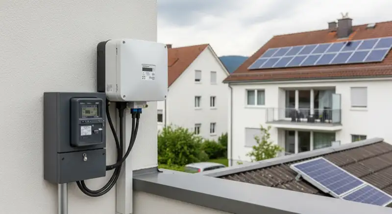 Modern German electrical meter cabinet (Zählerschrank) with smart meter and solar inverter connection, clean technical installation