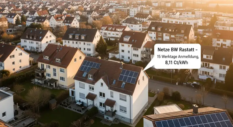 Aerial drone view of typical German residential neighborhood with mixed roof types, red and dark roof tiles, gardens visible, sunny day