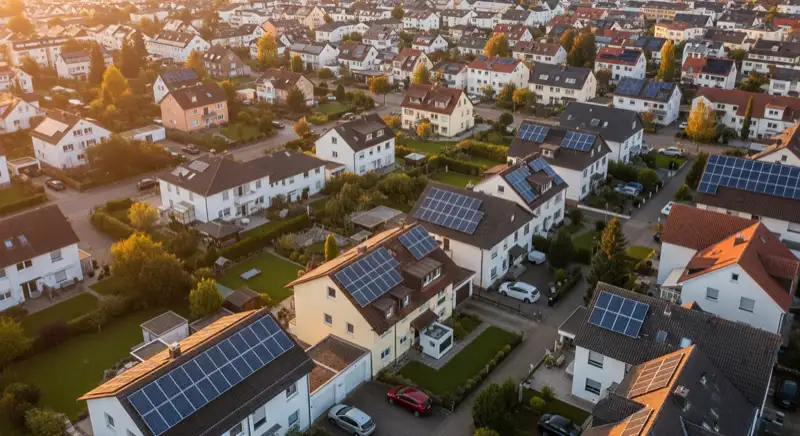 Aerial drone view of typical German residential neighborhood with mixed roof types, red and dark roof tiles, gardens visible, sunny day
