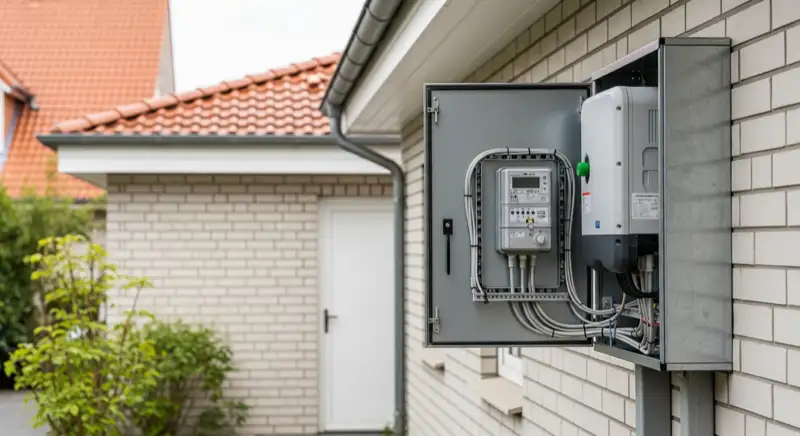 Modern German electrical meter cabinet (Zählerschrank) with smart meter and solar inverter connection, clean technical installation