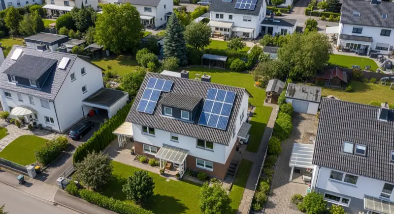 Typisches Einfamilienhaus mit Photovoltaikanlage in einem Wohngebiet von Recklinghausen