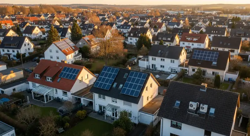 Aerial drone view of typical German residential neighborhood with mixed roof types, red and dark roof tiles, gardens visible, sunny day