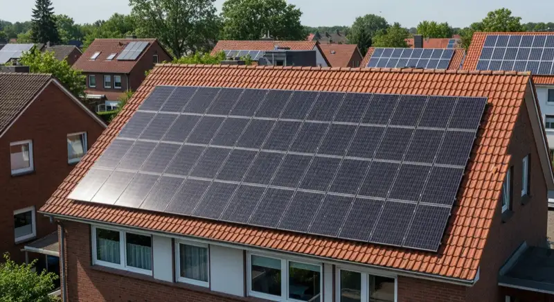 Solartechniker bei der Wartung einer PV-Anlage auf einem Hausdach in Remscheid