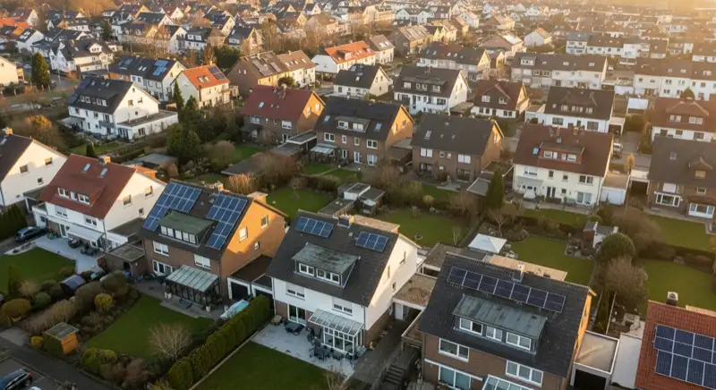 Aerial drone view of typical German residential neighborhood with mixed roof types, red and dark roof tiles, gardens visible, sunny day