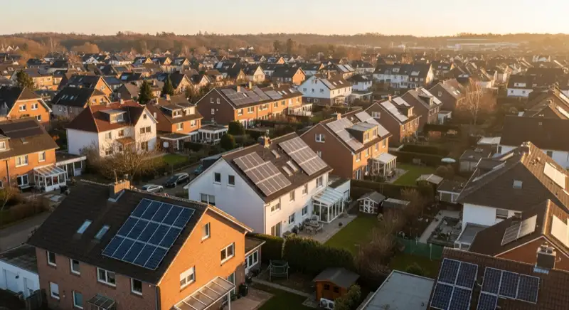 Aerial drone view of typical German residential neighborhood with mixed roof types, red and dark roof tiles, gardens visible, sunny day
