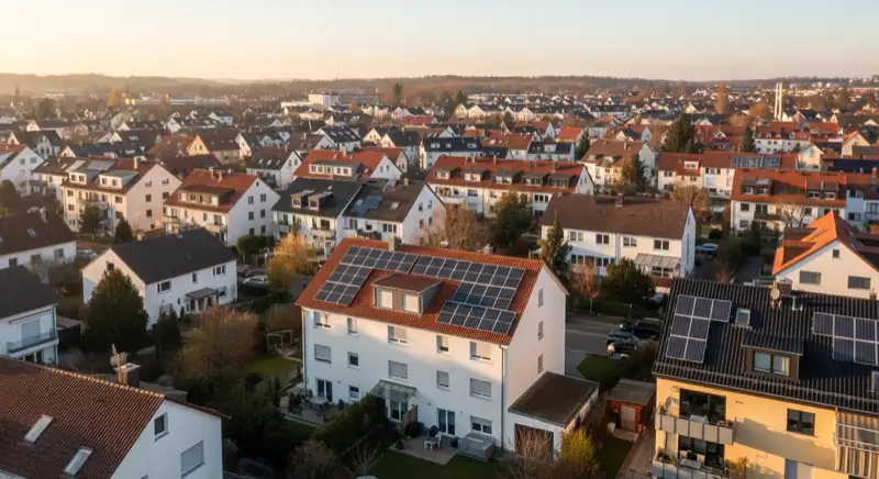 Aerial drone view of typical German residential neighborhood with mixed roof types, red and dark roof tiles, gardens visible, sunny day