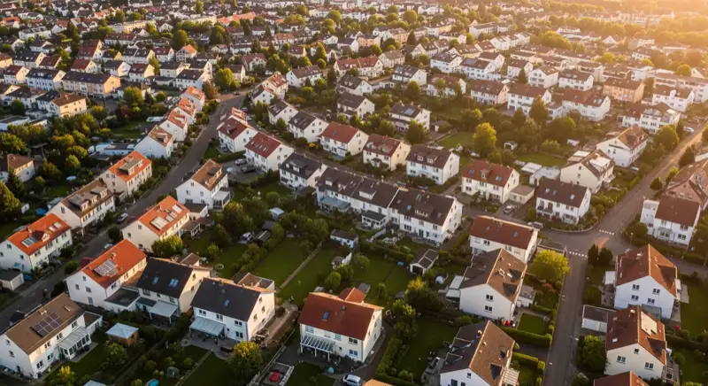 Aerial drone view of typical German residential neighborhood with mixed roof types, red and dark roof tiles, gardens visible, sunny day