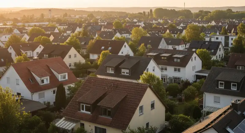 Aerial drone view of typical German residential neighborhood with mixed roof types, red and dark roof tiles, gardens visible, sunny day