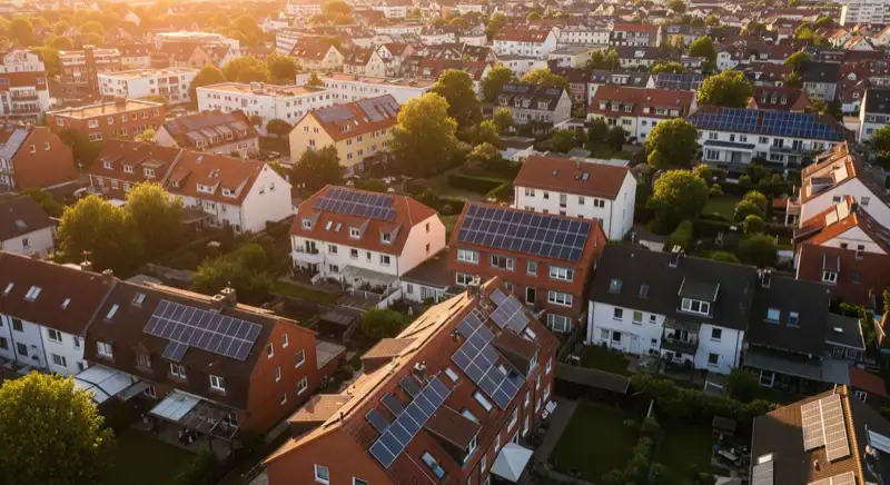Aerial drone view of typical German residential neighborhood with mixed roof types, red and dark roof tiles, gardens visible, sunny day