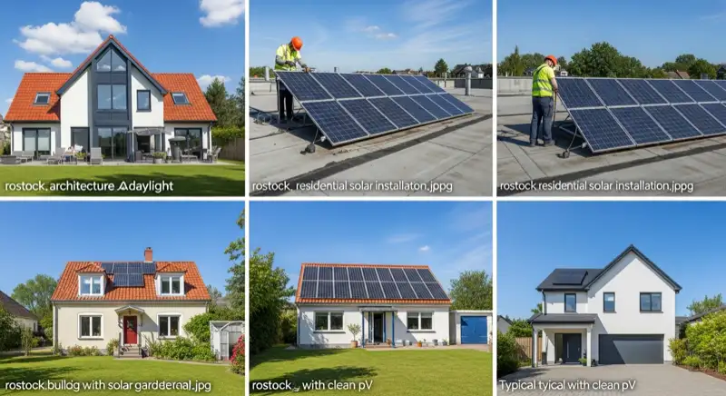 Techniker bei der professionellen Wartung einer Photovoltaikanlage auf einem typischen Rostockerem Wohnhausdach