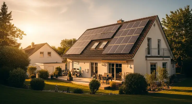 German detached house (Einfamilienhaus) with photovoltaic panels on pitched roof, well-maintained garden, warm afternoon sunlight