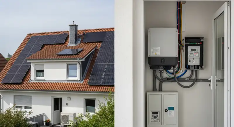 Modern German electrical meter cabinet (Zählerschrank) with smart meter and solar inverter connection, clean technical installation