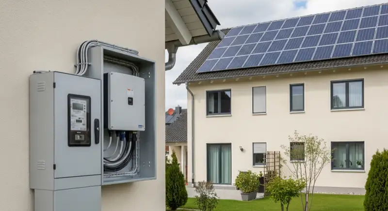 Modern German electrical meter cabinet (Zählerschrank) with smart meter and solar inverter connection, clean technical installation